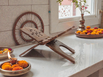 Handcrafted Wooden Rehal – Foldable Holy Book Stand for Puja & Reading