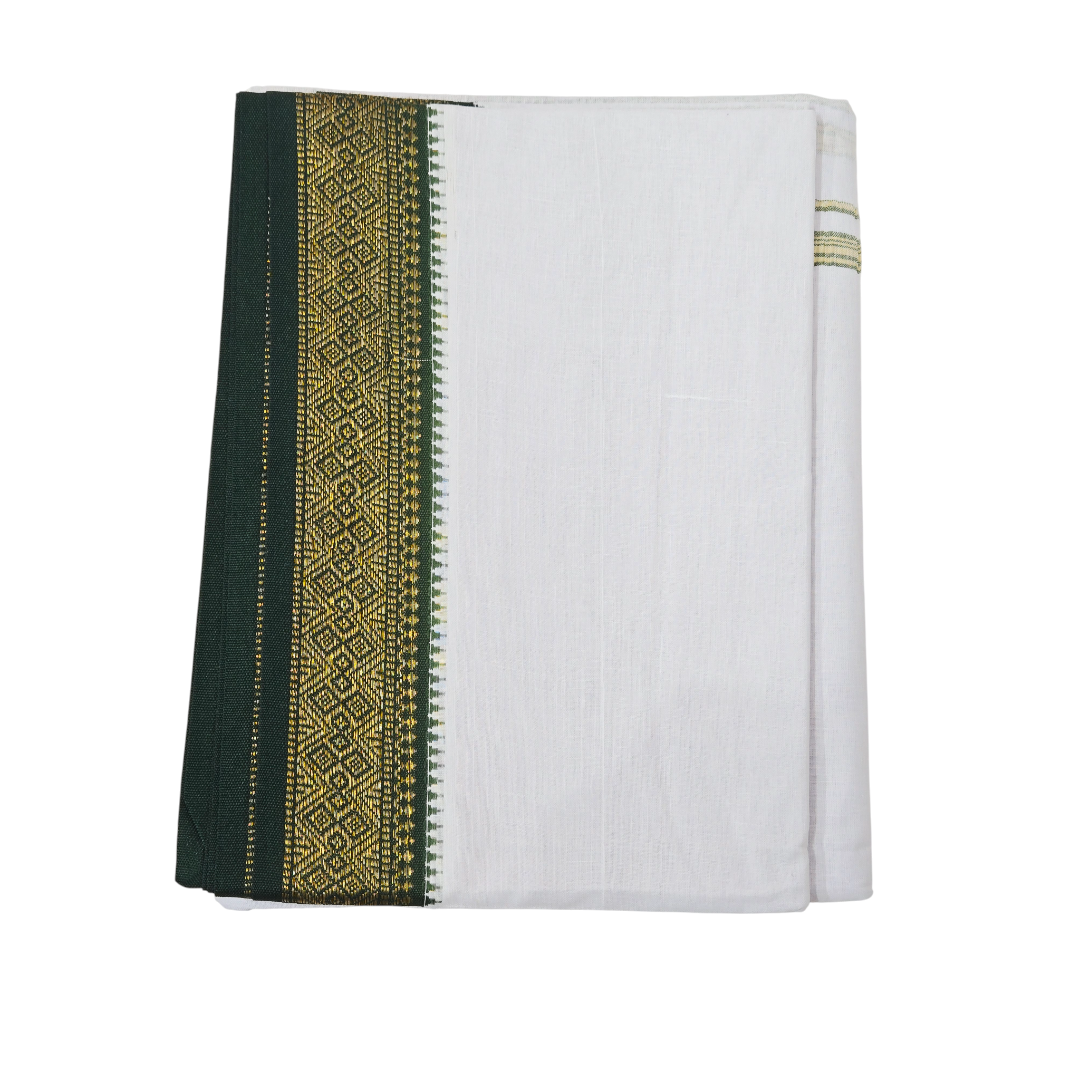 Buy White Khadi Cotton Dhoti | Green Zari Border | Handwoven