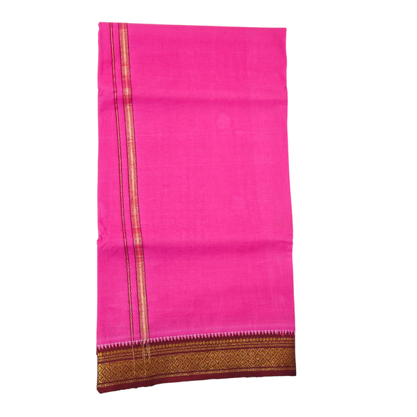 Pink Khadi Cotton Dhoti with Maroon & Gold Zari Border – 4 Meter Handwoven Traditional Wear