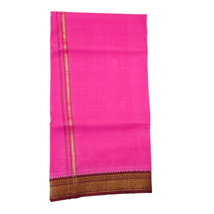 Pink Khadi Cotton Dhoti with Maroon & Gold Zari Border – 4 Meter Handwoven Traditional Wear