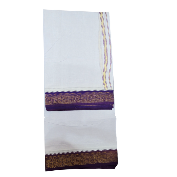 Premium White Khadi Cotton Dhoti with Royal Purple & Gold Zari Border – Handwoven Ethnic Wear