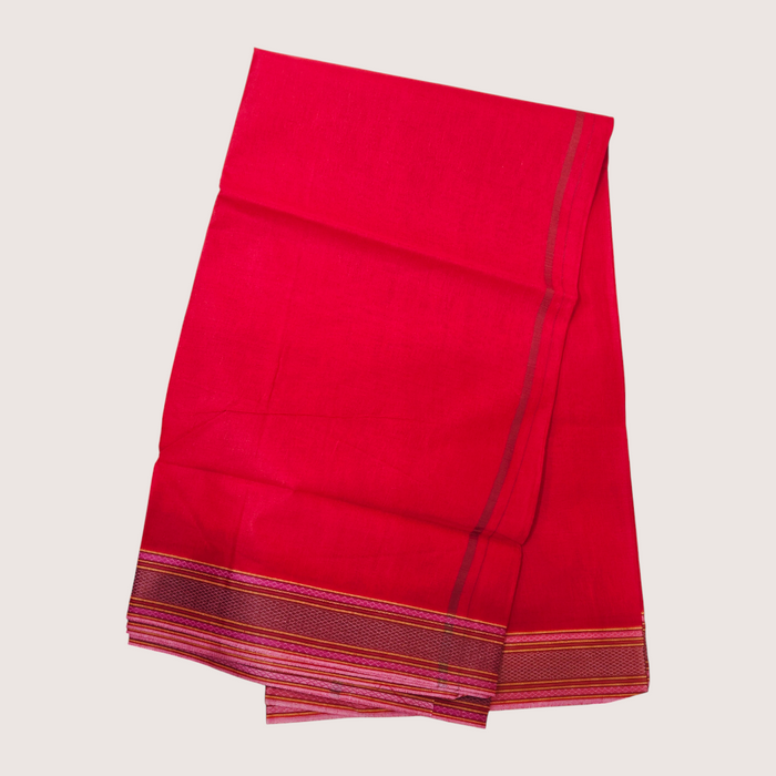 Premium Red Khadi Cotton Dhoti with Orange Border – Handwoven Traditional Wear for Puja & Festivals