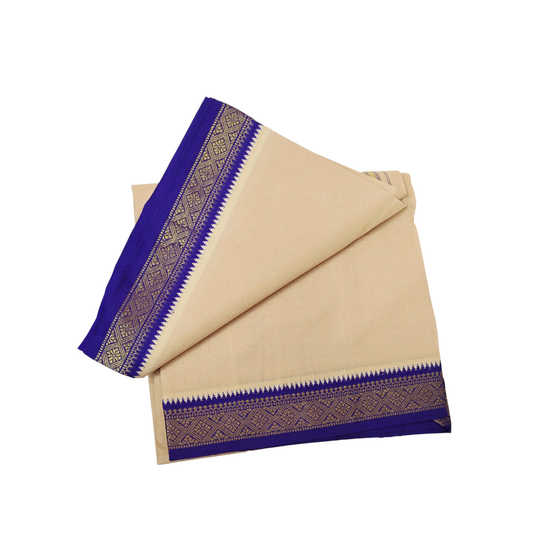 Cream Khadi Dhoti | Royal Blue & Gold Zari Border | Ethnic Wear