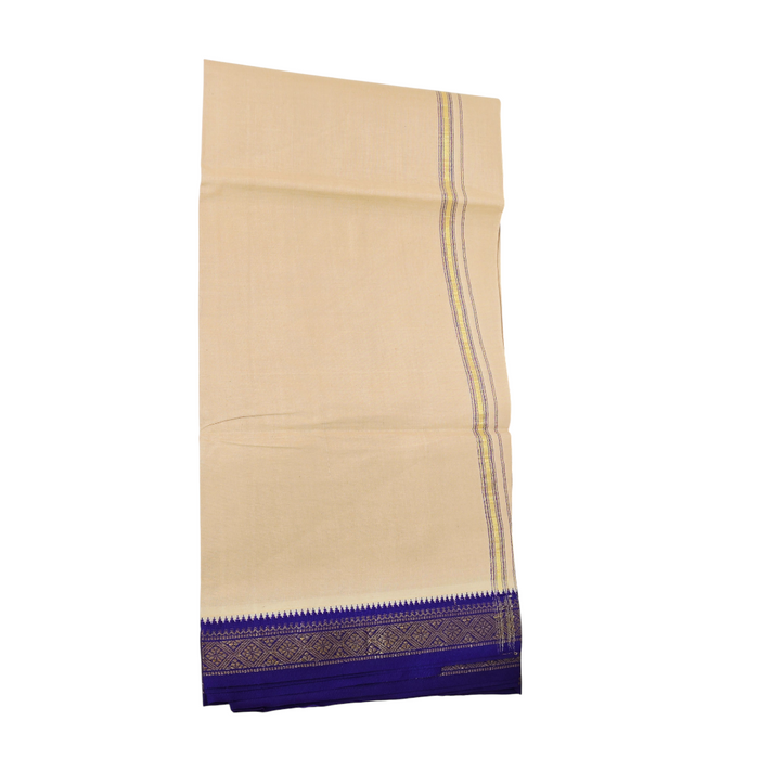 Premium Cream Khadi Cotton Dhoti with Royal Blue & Gold Zari Border – Handwoven Ethnic Wear
