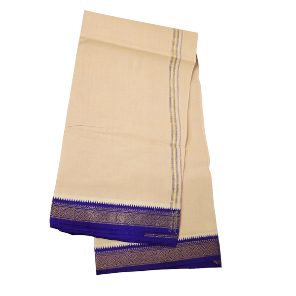 Premium Cream Khadi Cotton Dhoti with Royal Blue & Gold Zari Border – Handwoven Ethnic Wear