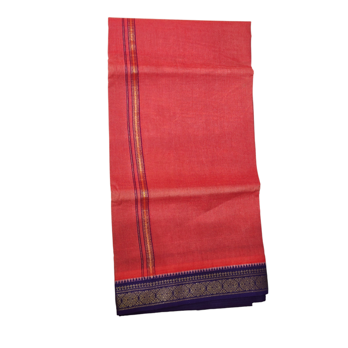 Premium Peach Khadi Cotton Dhoti with Navy Blue & Gold Zari Border – Handwoven Traditional Ethnic Wear