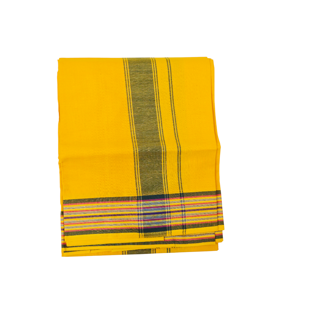 Yellow Khadi Lungi | Dark Stripe & Multi-Color Border