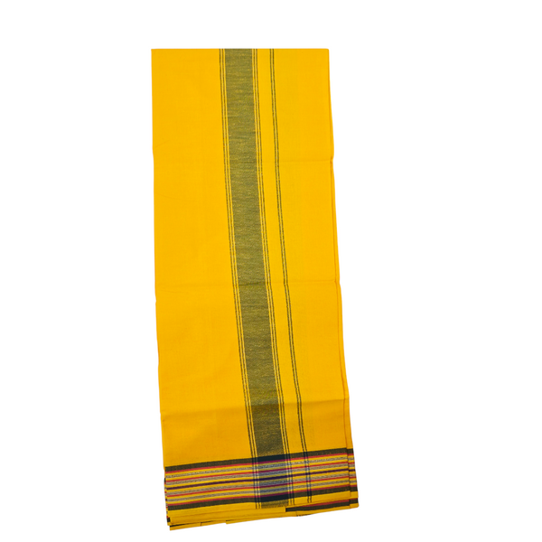 Premium Yellow Khadi Cotton Lungi with Dark Textured Stripe & Multi-Color Border – Handwoven Traditional Wear