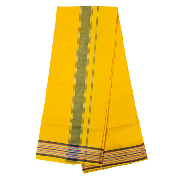 Premium Yellow Khadi Cotton Lungi with Dark Textured Stripe & Multi-Color Border – Handwoven Traditional Wear