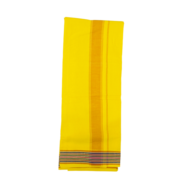 Premium Yellow Khadi Cotton Lungi with Bronze Vertical Stripe & Multi-Color Border – Handwoven Traditional Wear