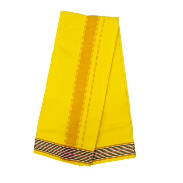 Premium Yellow Khadi Cotton Lungi with Bronze Vertical Stripe & Multi-Color Border – Handwoven Traditional Wear
