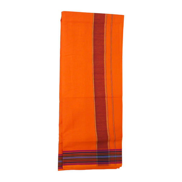Premium Kesari Khadi Cotton Dhoti with Maroon & Multi-Color Striped Border – Handwoven Traditional Ethnic Wear