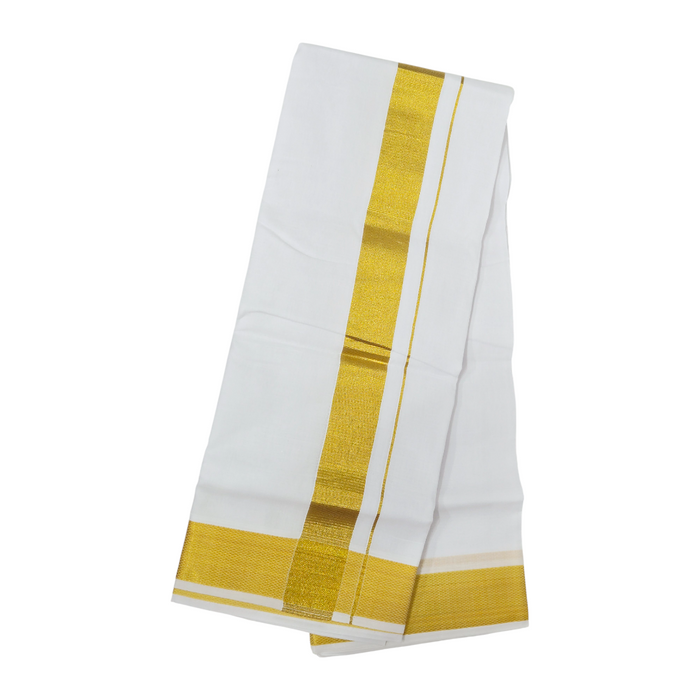 Premium White Khadi Cotton Dhoti with Rich Golden Zari Border – Handwoven Traditional Ethnic Wear