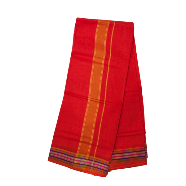 Premium Red Khadi Cotton Lungi with Orange Stripe & Multi-Color Border – Handwoven Traditional Wear