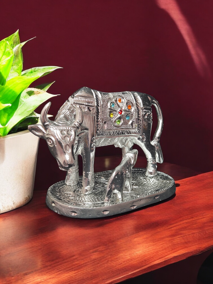 Handcrafted White Metal Kamdhenu Cow and Calf Statue – Religious Holy Cow Murti for Home Decor & Vastu