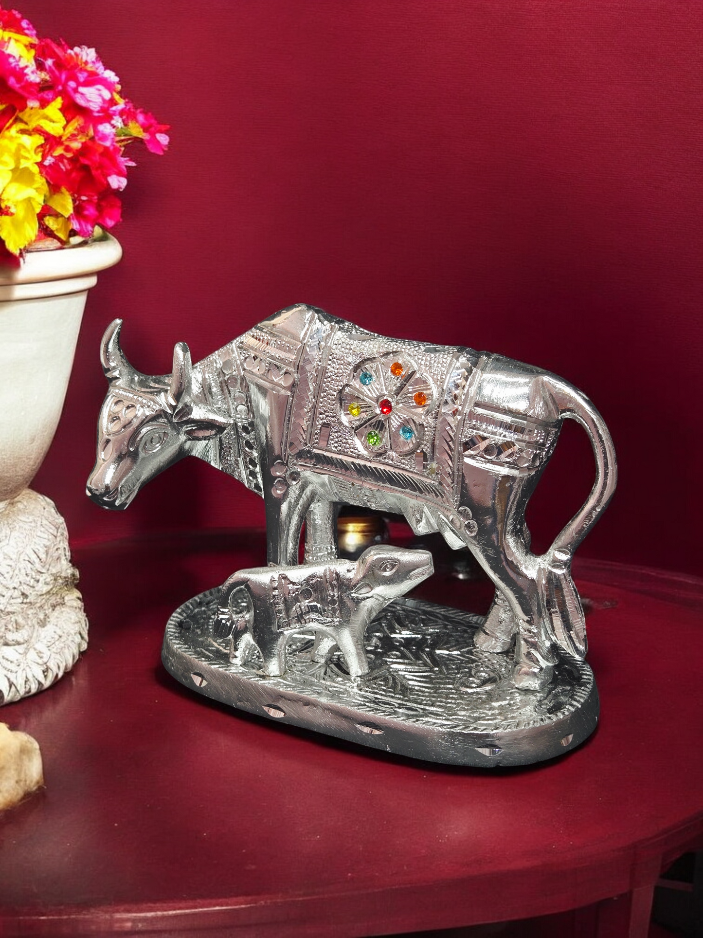Handcrafted White Metal Kamdhenu Cow and Calf Statue – Religious Holy Cow Murti for Home Decor & Vastu