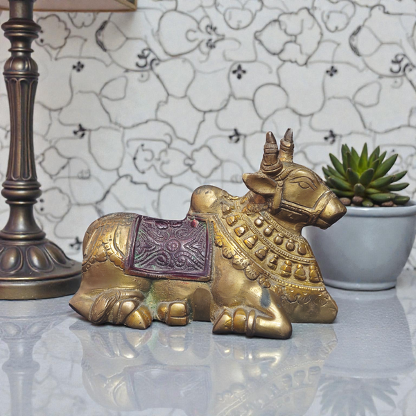 Handcrafted Pure Brass Nandi Idol – Sitting Bull Statue for Home Temple & Vastu