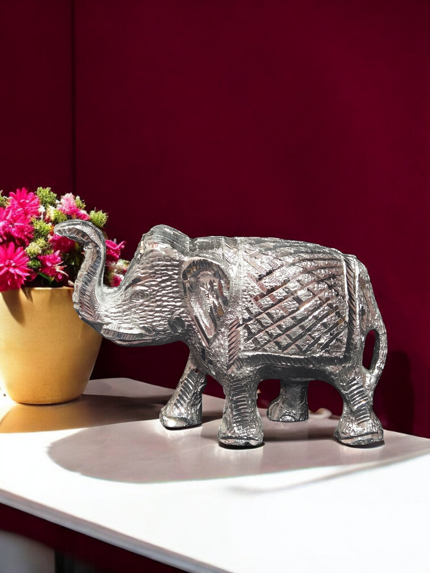 Handcrafted White Metal Elephant Statue – Majestic Gajraj Idol with Trunk Up for Home Decor & Vastu