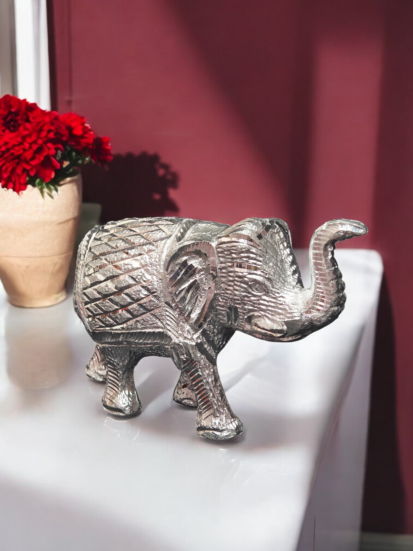 Handcrafted White Metal Elephant Statue – Majestic Gajraj Idol with Trunk Up for Home Decor & Vastu