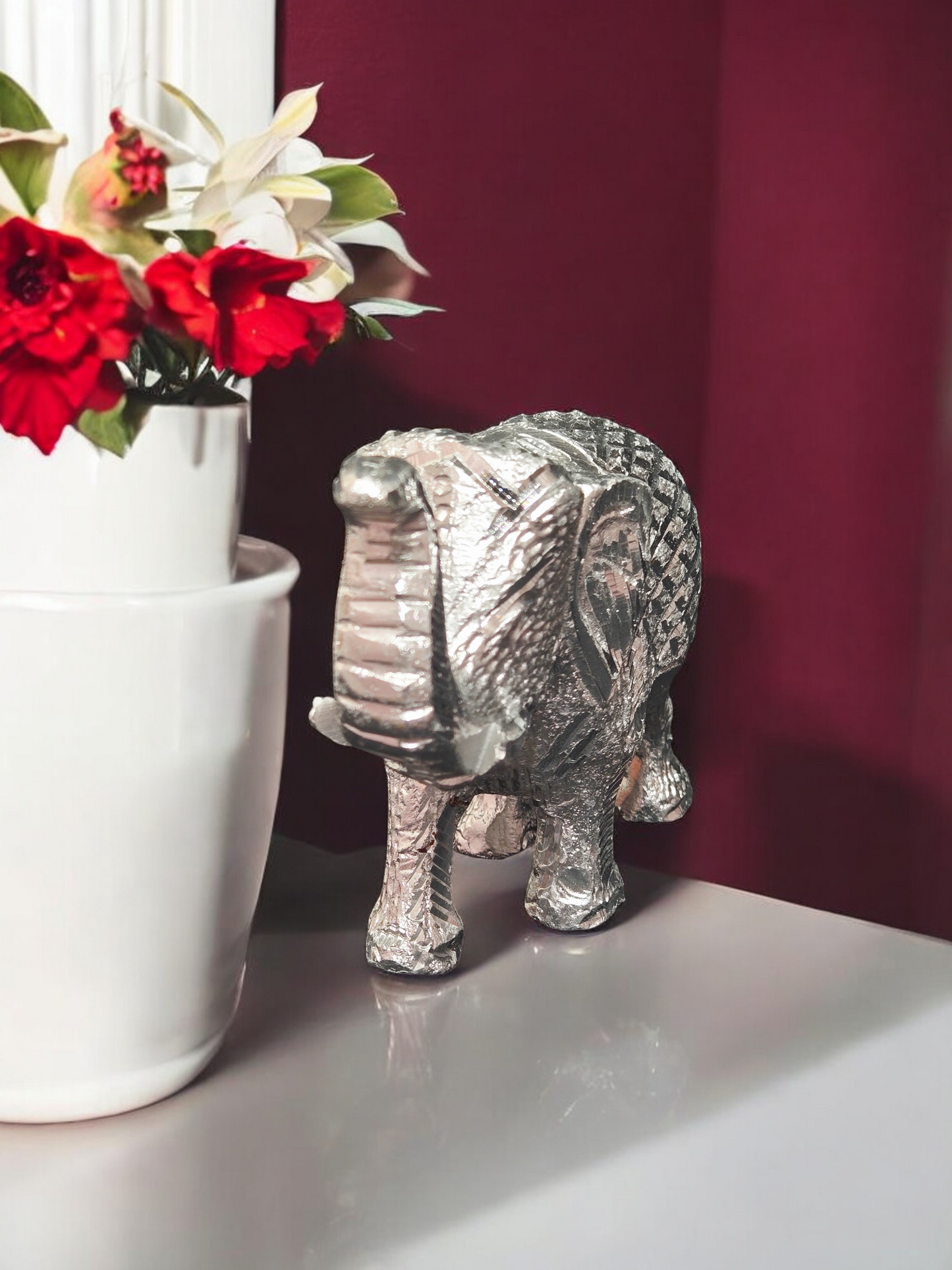 Handcrafted White Metal Elephant Statue – Majestic Gajraj Idol with Trunk Up for Home Decor & Vastu