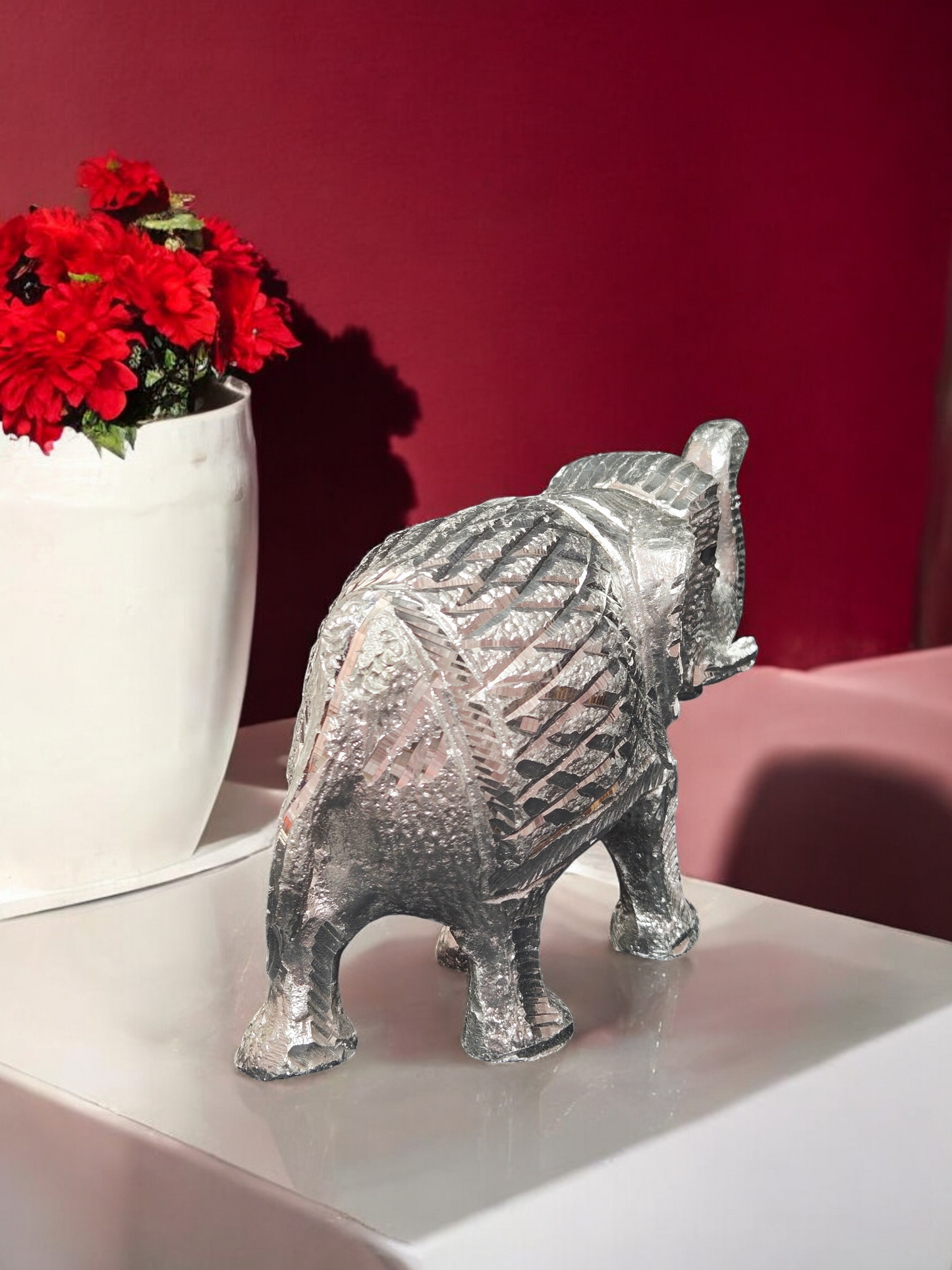 Handcrafted White Metal Elephant Statue – Majestic Gajraj Idol with Trunk Up for Home Decor & Vastu