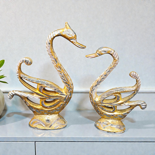 Handcrafted Pure Brass Swan Surahi Pair – Decorative Dual-Tone Love Birds Statue for Home & Vastu