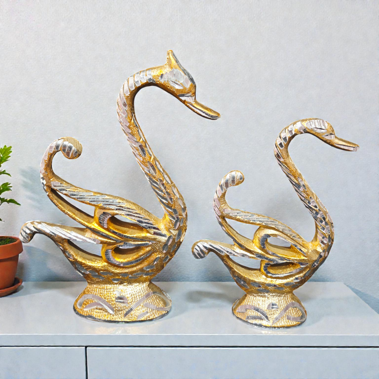 Handcrafted Pure Brass Swan Surahi Pair – Decorative Dual-Tone Love Birds Statue for Home & Vastu