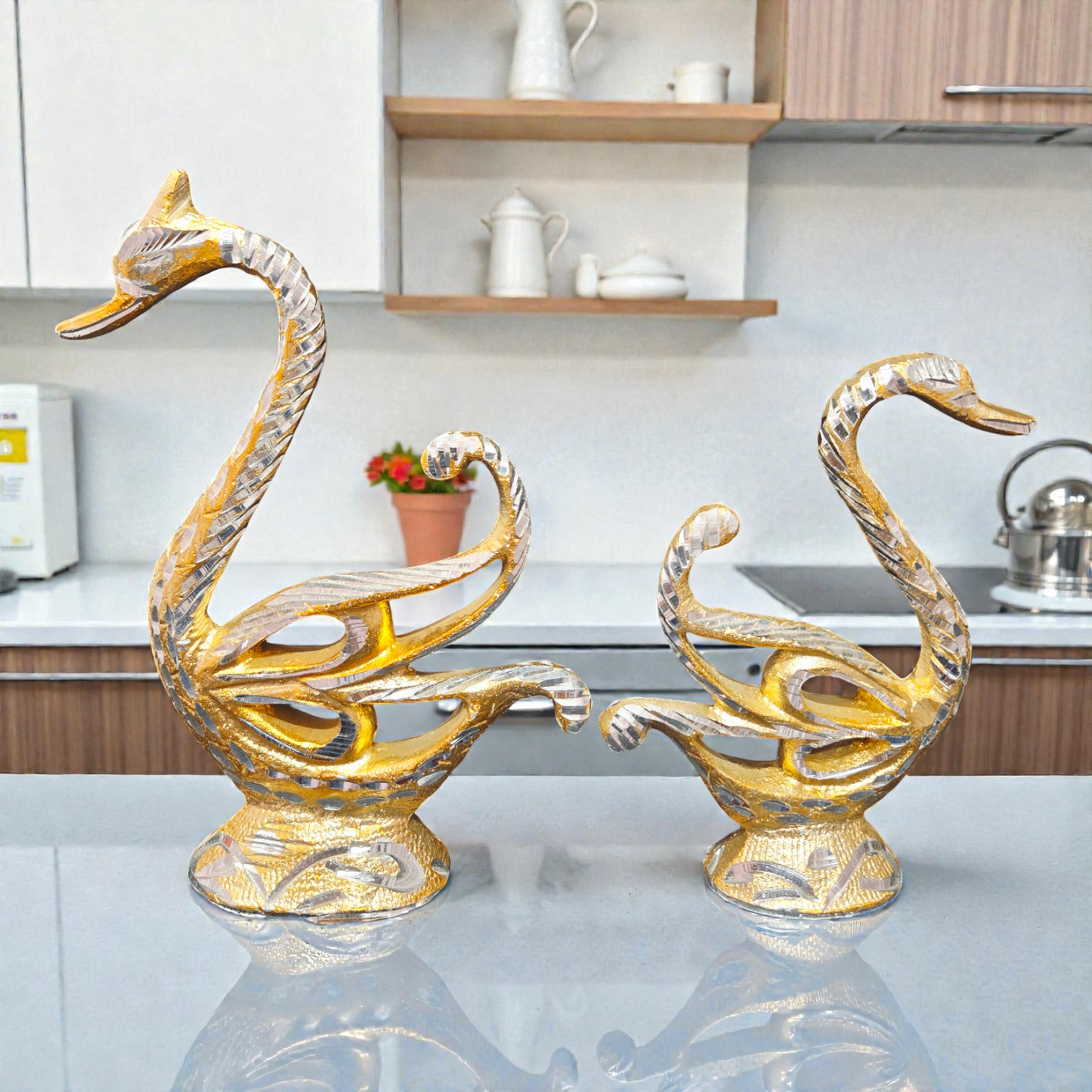 Handcrafted Pure Brass Swan Surahi Pair – Decorative Dual-Tone Love Birds Statue for Home & Vastu