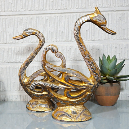 Handcrafted Pure Brass Swan Surahi Pair – Decorative Dual-Tone Love Birds Statue for Home & Vastu