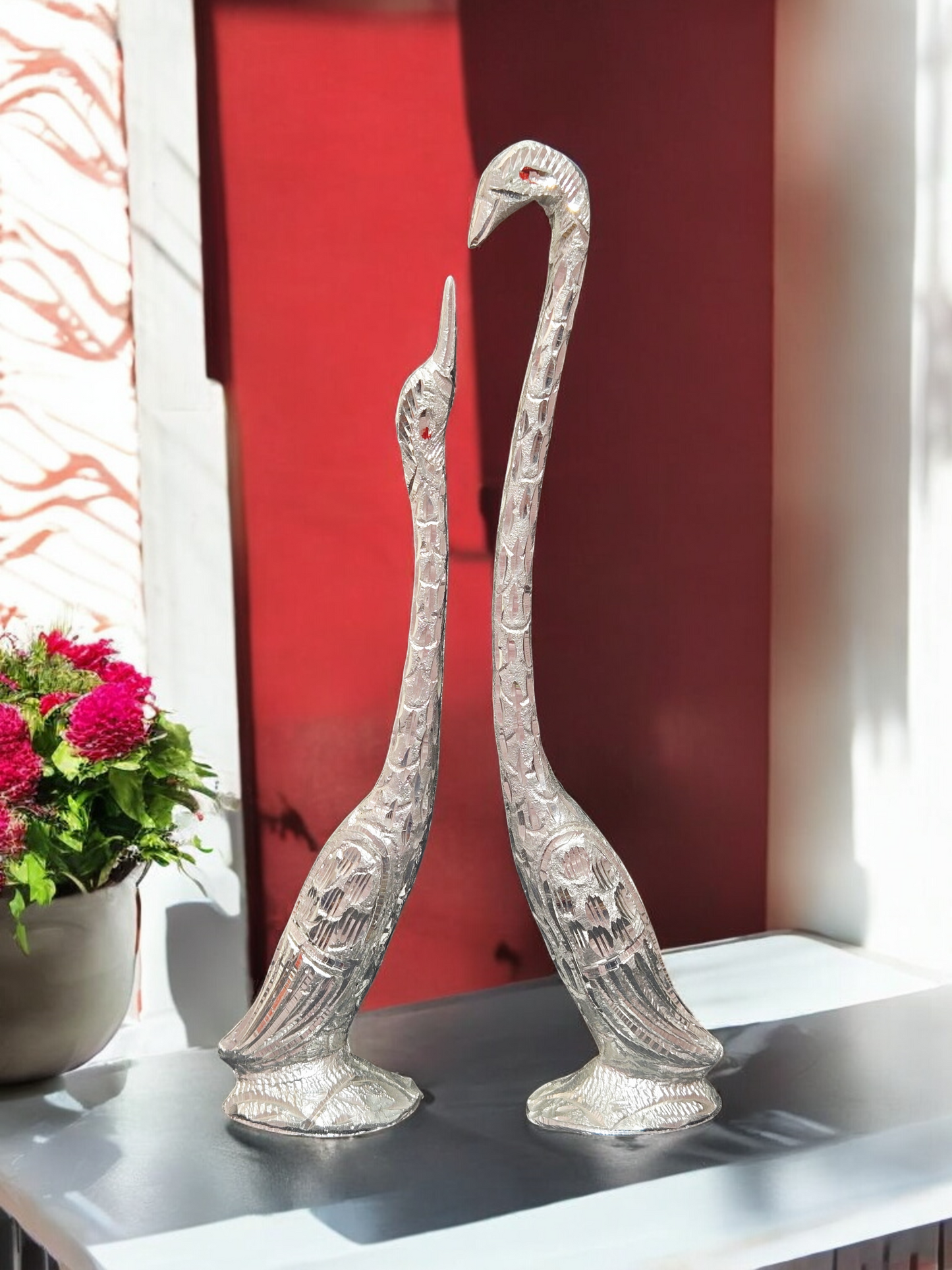 Handcrafted White Metal Swan Pair – Elegant Long Neck Love Birds Statue for Home Decor & Vastu