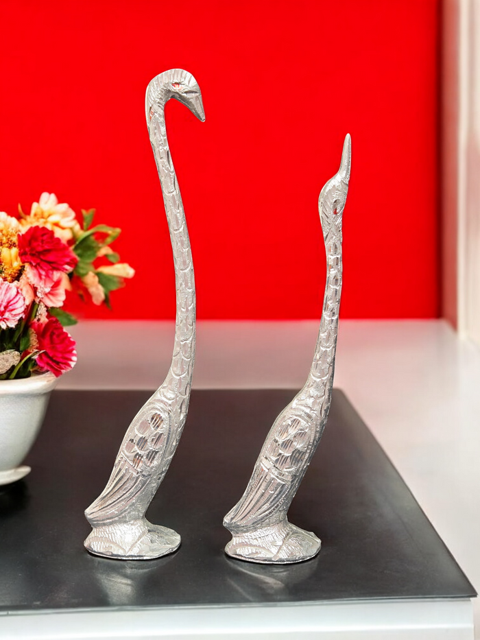 Handcrafted White Metal Swan Pair – Elegant Long Neck Love Birds Statue for Home Decor & Vastu