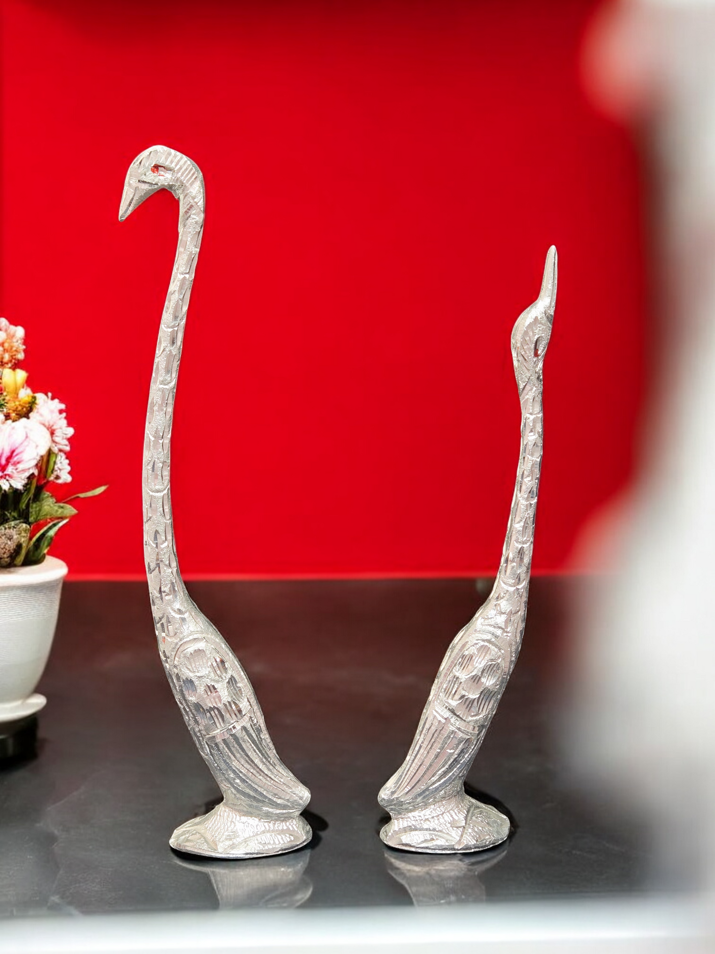 Handcrafted White Metal Swan Pair – Elegant Long Neck Love Birds Statue for Home Decor & Vastu