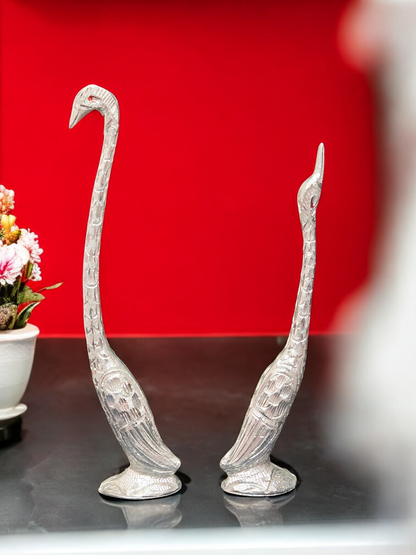 Handcrafted White Metal Swan Pair – Elegant Long Neck Love Birds Statue for Home Decor & Vastu