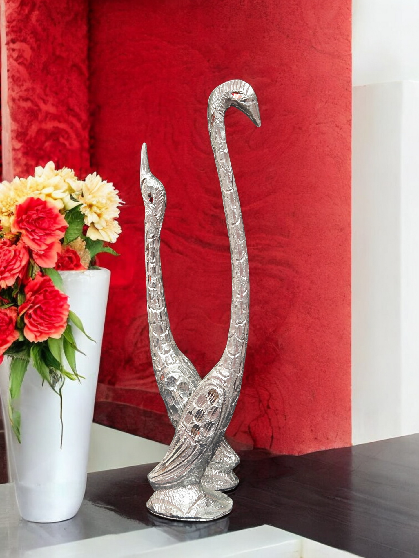 Handcrafted White Metal Swan Pair – Elegant Long Neck Love Birds Statue for Home Decor & Vastu