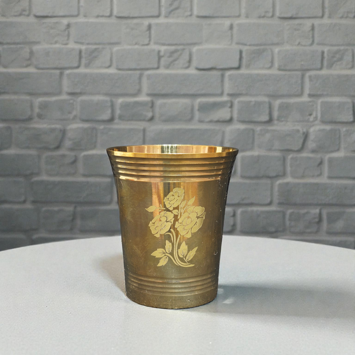 Pure Brass Glass with Floral Etching – Traditional Pital Tumbler for Drinking Water & Ayurvedic Health Benefits
