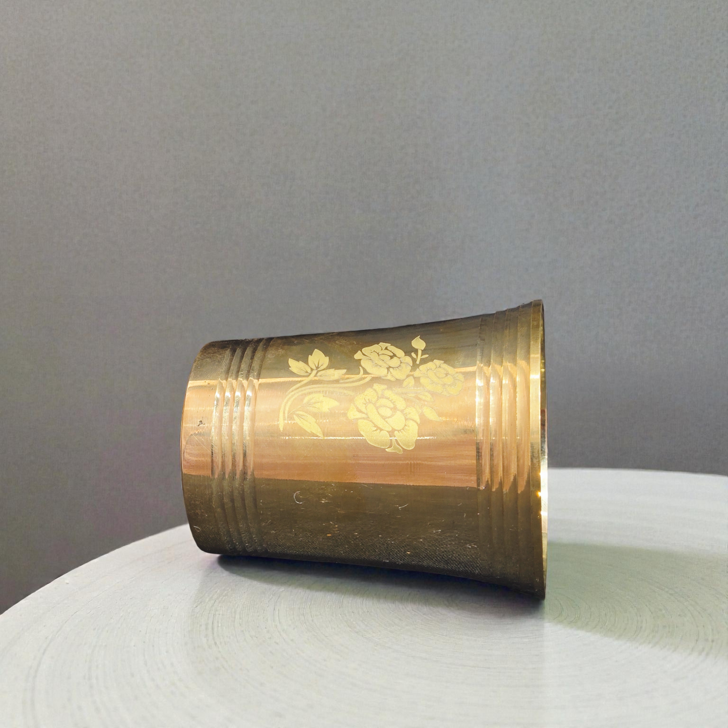Pure Brass Glass with Floral Etching – Traditional Pital Tumbler for Drinking Water & Ayurvedic Health Benefits