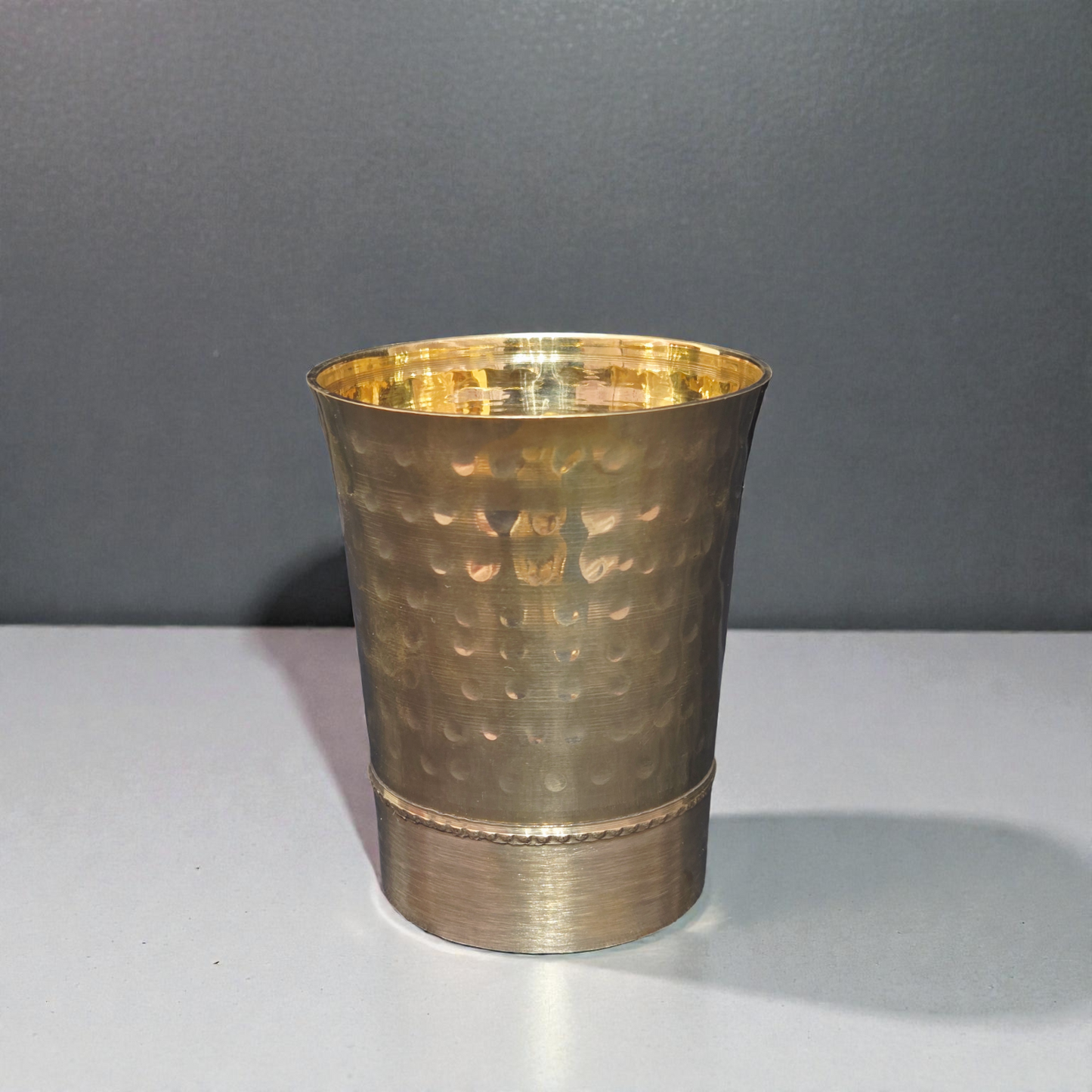 Handcrafted Pure Brass Hammered Glass – Traditional Textured Pital Tumbler for Water, Lassi & Ayurvedic Wellness