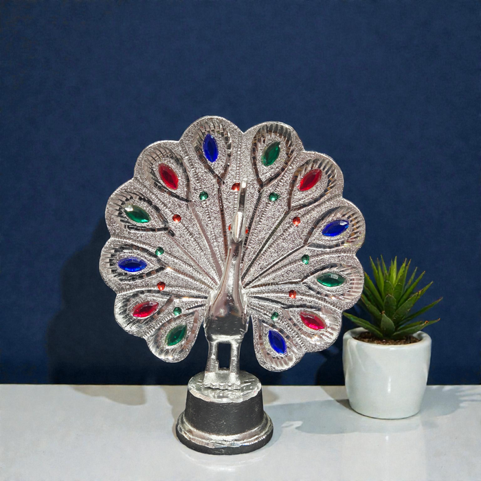 Handcrafted White Metal Dancing Peacock Idol – Decorative Mor Statue with Colorful Stone Work
