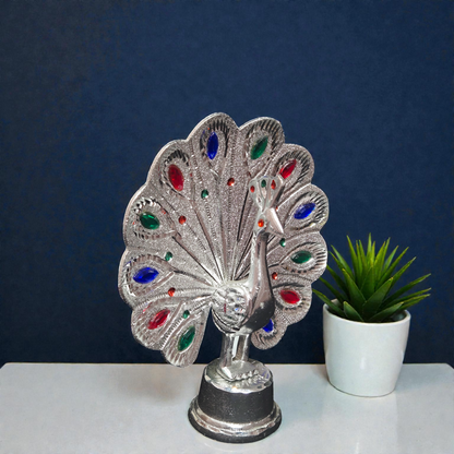 Handcrafted White Metal Dancing Peacock Idol – Decorative Mor Statue with Colorful Stone Work