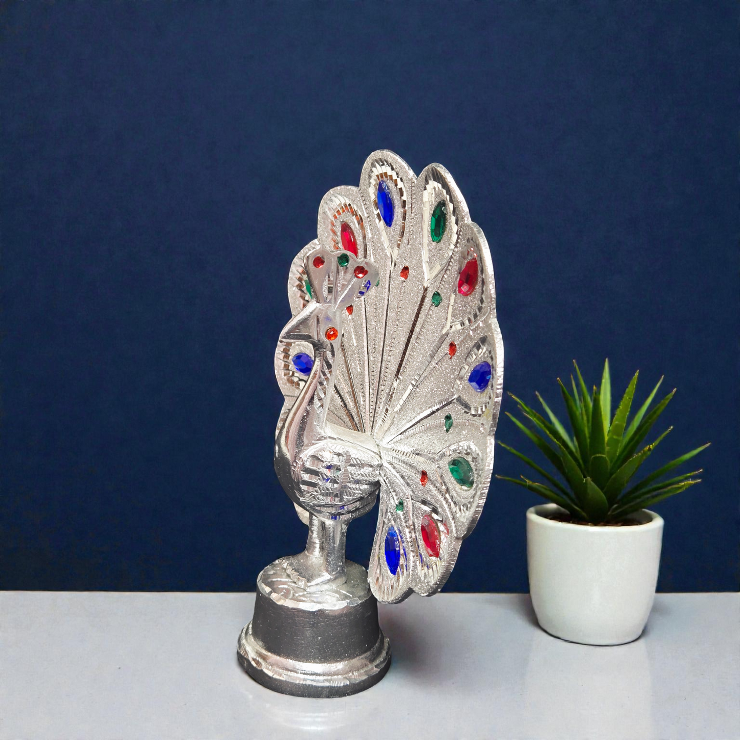 Handcrafted White Metal Dancing Peacock Idol – Decorative Mor Statue with Colorful Stone Work
