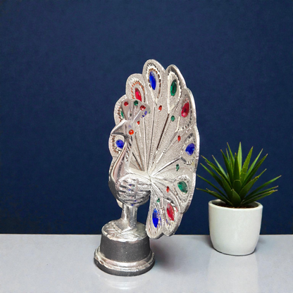 Handcrafted White Metal Dancing Peacock Idol – Decorative Mor Statue with Colorful Stone Work