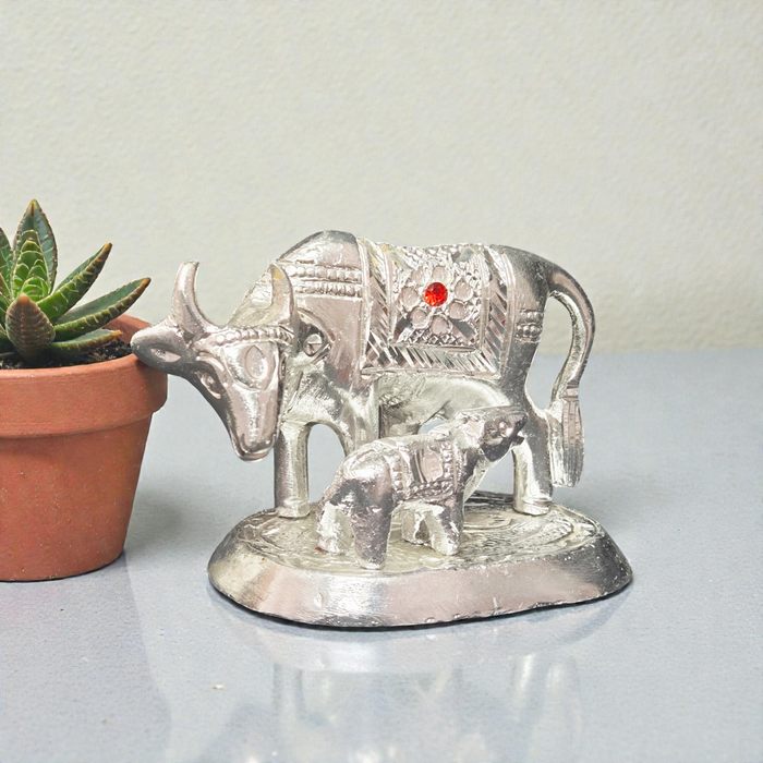 Handcrafted White Metal Kamdhenu Cow and Calf Statue – Religious Holy Cow Murti for Puja & Vastu
