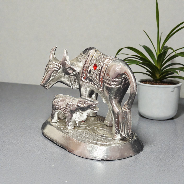 Handcrafted White Metal Kamdhenu Cow and Calf Statue – Religious Holy Cow Murti for Puja & Vastu