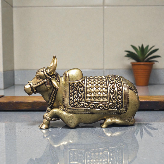 Handcrafted Pure Brass Nandi Idol – Sitting Religious Bull Statue for Home Temple & Vastu