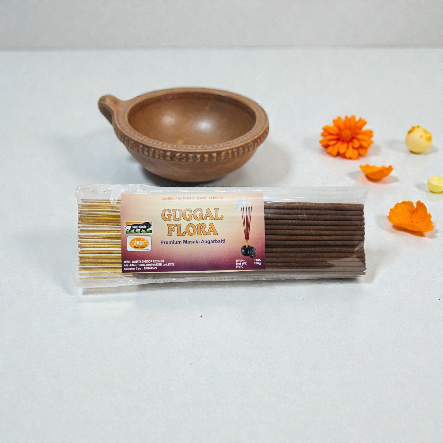 Natural Guggal Flora Premium Masala Agarbatti – Charcoal Free & Hand-Rolled Incense Sticks for Meditation & Puja