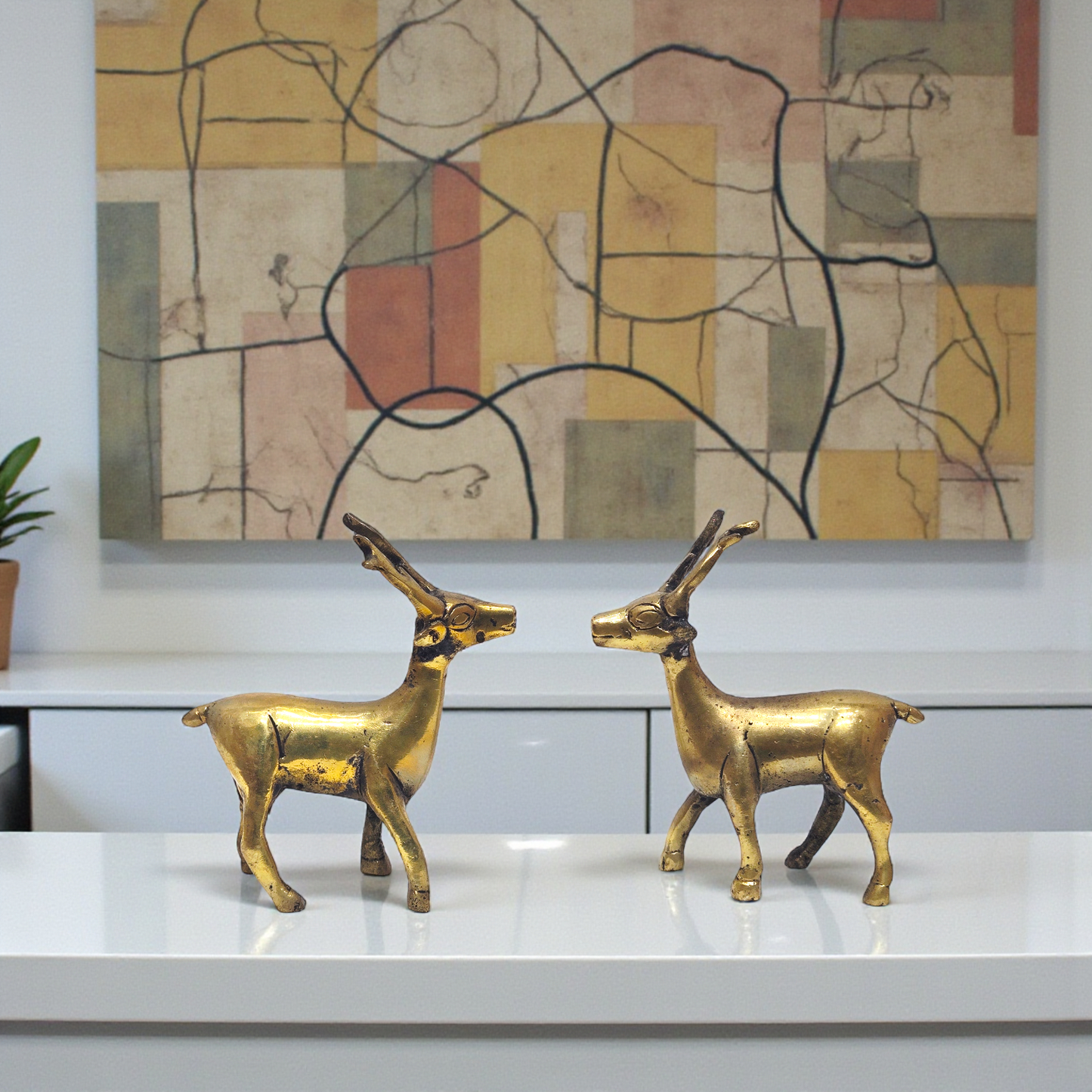 Handcrafted Pure Brass Deer Pair – Elegant Standing Barasingha Statue for Home Decor & Vastu