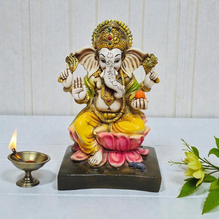 Handcrafted Lord Ganesha Polyresin Idol – Sitting Ganpati Murti on Lotus for Home Temple, Vastu & Gifting