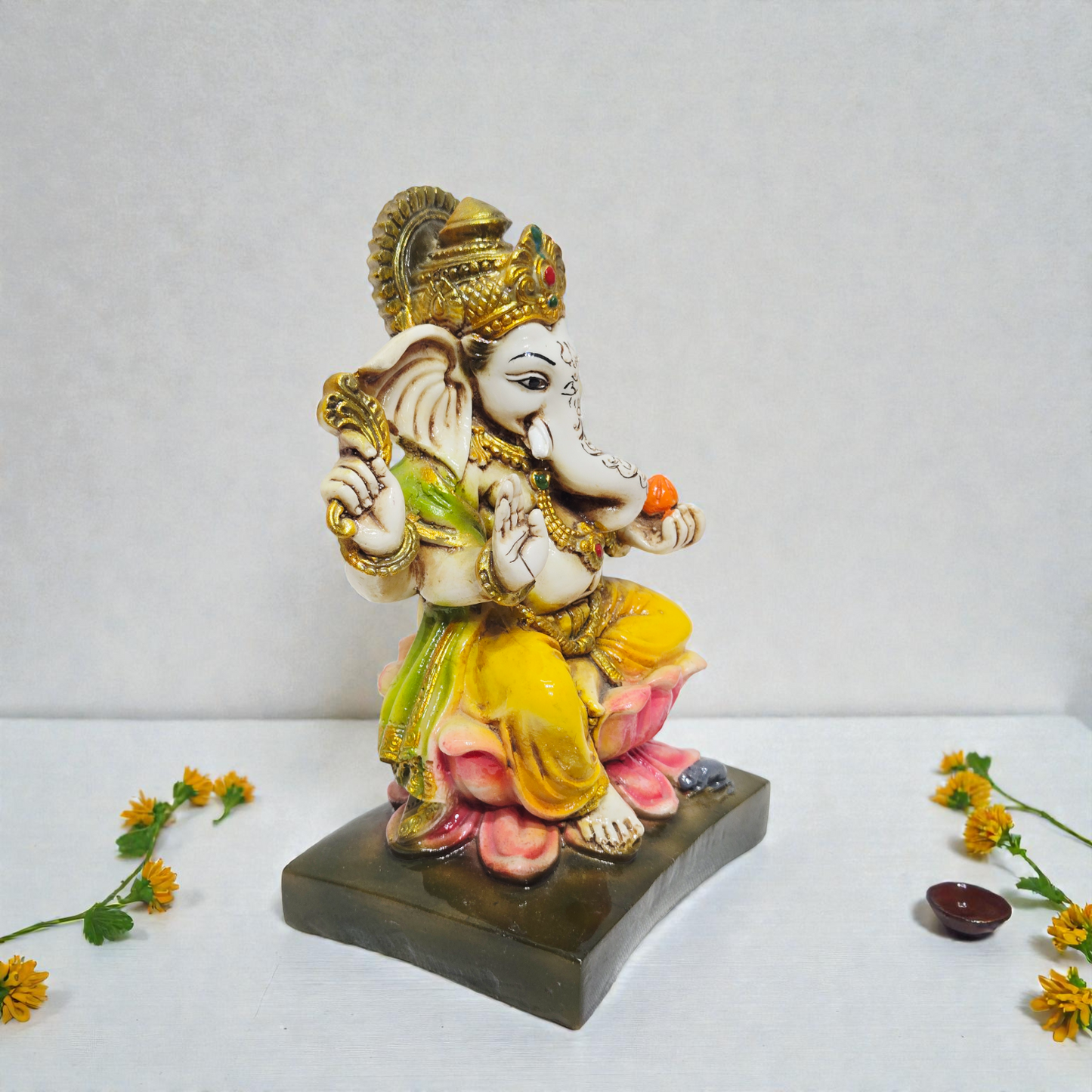 Handcrafted Lord Ganesha Polyresin Idol – Sitting Ganpati Murti on Lotus for Home Temple, Vastu & Gifting