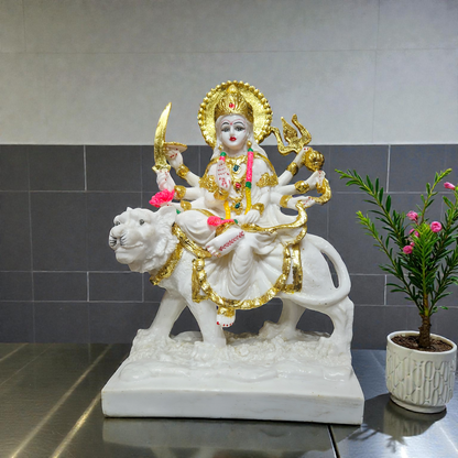 Handcrafted Durga Maa Polyresin Idol – Sherawali Mata Statue on Lion for Home Temple, Navratri Puja & Vastu