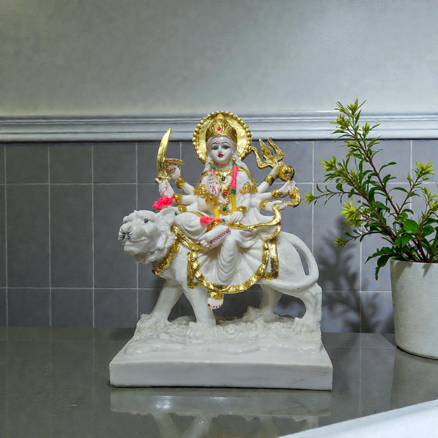 Handcrafted Durga Maa Polyresin Idol – Sherawali Mata Statue on Lion for Home Temple, Navratri Puja & Vastu